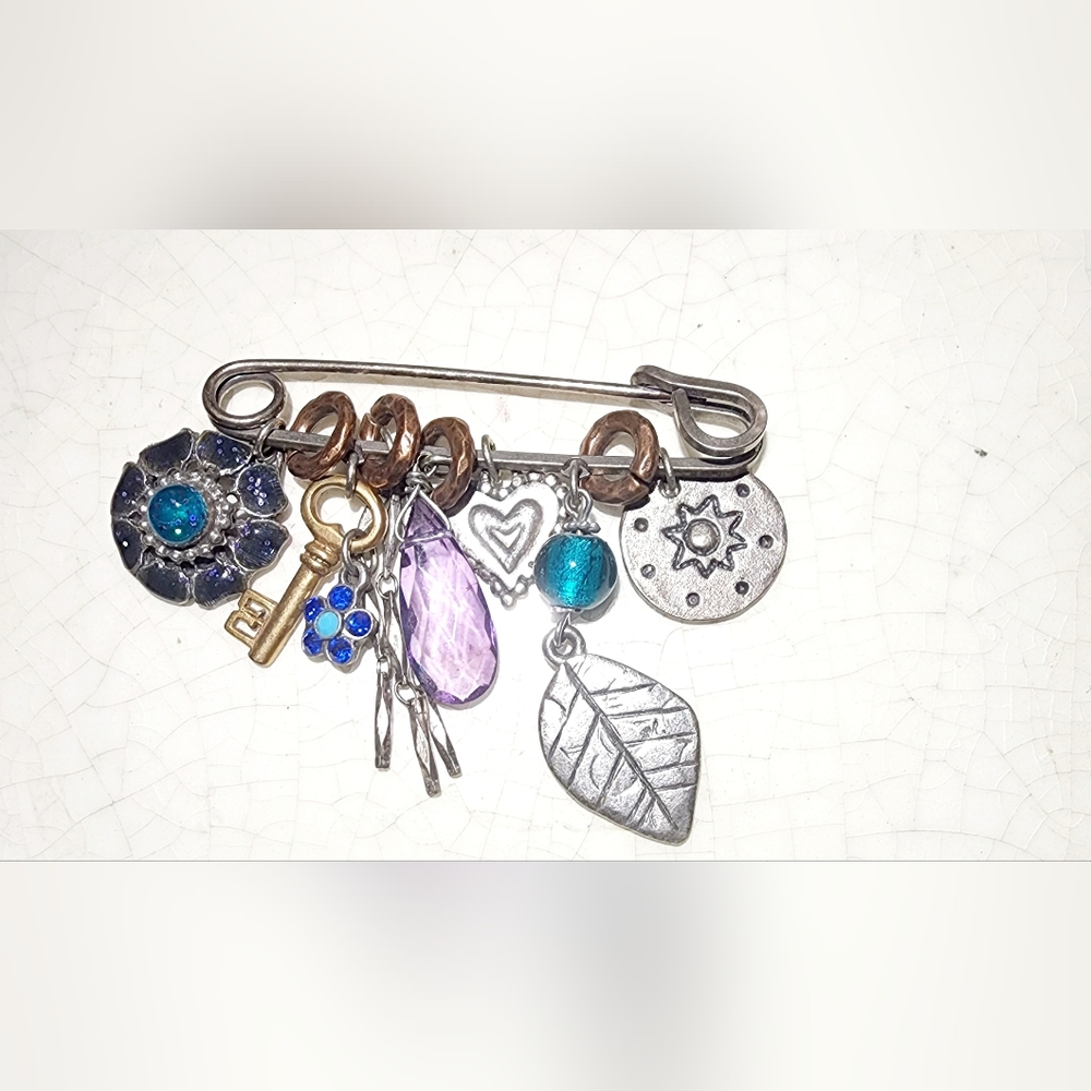 Large safety pin charm brooch Key, flower, leaf, beads